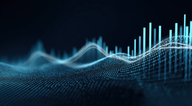 Abstract digital data visualization with glowing blue bars and waves.