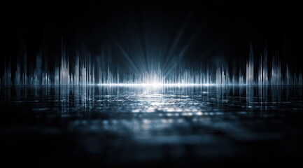 Abstract digital equalizer bars reflecting on a dark wet surface.