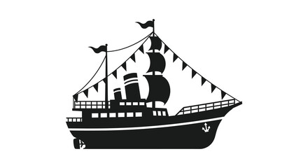 Vintage paddle steamer boat with flags and chimneys silhouette