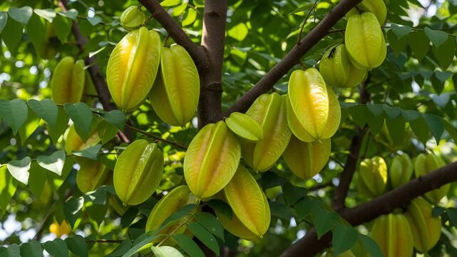 Ripe star fruit carambola hanging from tree branch lush green leaves natural sunlight tropical 4K Ai HD high quality video.
