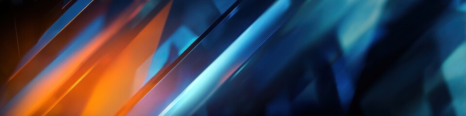 Abstract diagonal lines of orange and blue light create a dynamic background.