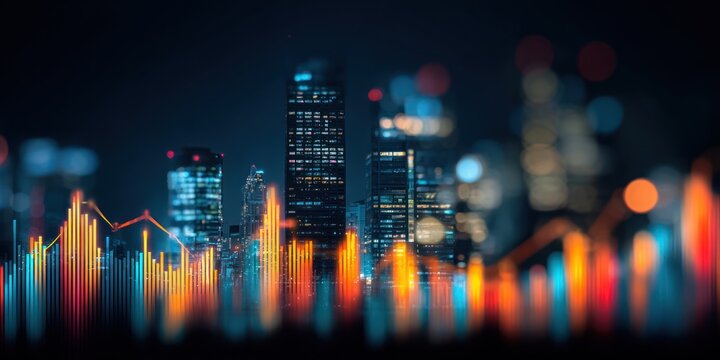 Abstract glowing bar chart overlays a dark city skyline at night.