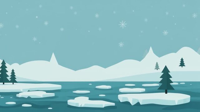 A serene winter landscape with snow-covered mountains, icy water, and evergreen trees, creating a peaceful Christmas background for the holiday season.