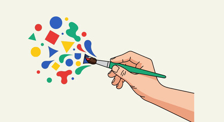 Artistic Hand Holding Paintbrush Releasing Colorful Shapes and Forms on White Background.