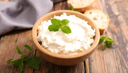 Creamy Ricotta Cheese Bowl with Fresh Basil and Bread.