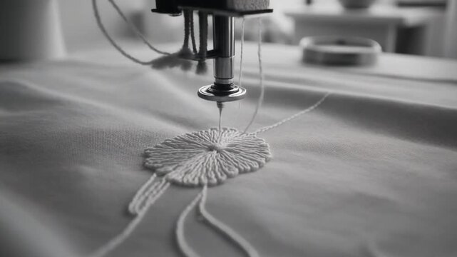 A sewing machine skillfully embroiders a detailed circular pattern on white fabric