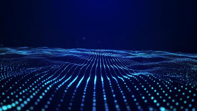 Blue digital wave pattern. Glowing dots on dark background. Abstract technology illustration. Digital wave design. Blue light dots. Technology background. Vector illustration.