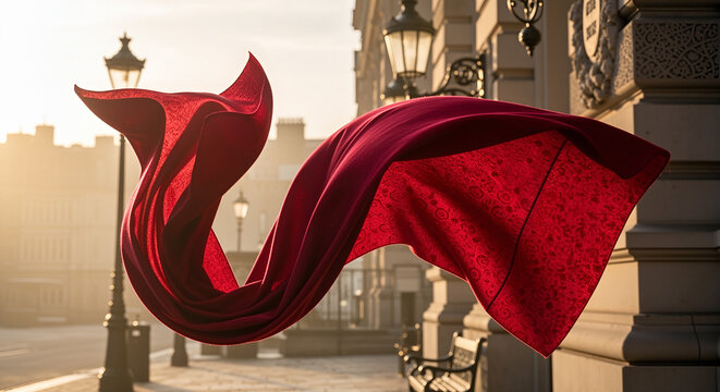 Scarf blowing in wind elegant red scarf gracefully floating in the air on city street at golden sunrise, soft fabric folds catching light, fashion, freedom, movement and feminine energy concept