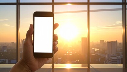 Smartphone with Blank Screen Held in Office Overlooking City Skyline at Sunset