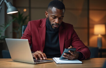 Black businessman works on laptop and tablet. He reviews financial documents and plans his budget. Man calculates expenses and manages household finances at home office desk.
