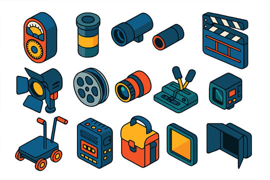 Analog Film Essentials. Isometric vector illustration set Analog Film: retro light meter, metal film canister, director’s