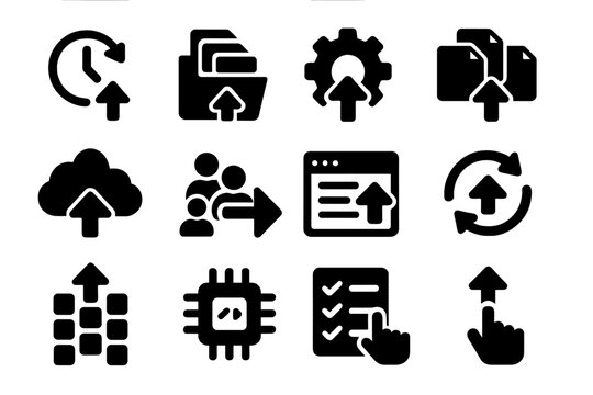 Automation Upload Icons. Solid style icons of automation and batch uploads: scheduled upload, mass file upload, auto-upload icon,