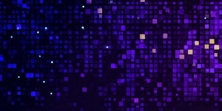 Abstract digital screen displaying a grid of glowing squares and sparkling lights in deep blue and vibrant purple tones