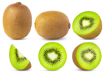 Fototapeta premium Kiwi fruit and sliced kiwi isolated collection. Set of kiwi and cut in half with clipping path. 