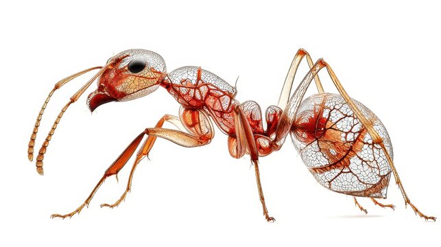 Transparent ant anatomy showing internal organs and structure with detailed digestive and tracheal system, scientific insect illustration with clear body parts and legs