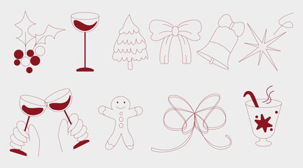 Christmas Line Icons Set – Holiday Drinks, Gifts, Bells, Stars, Gingerbread