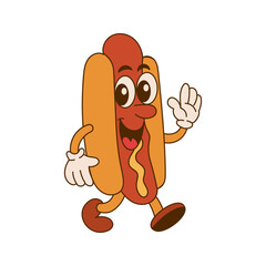 Hot dog character and hotdog cartoon mascot with retro style. Vintage vector happy design with bold lines for menus or branding. Smiling food icon by friendly artist for ads and menus.