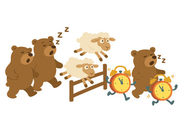 Dreamland Disorder Parade. Common sleep disorders parade with snoring bears, restless sheep jumping fences, and glowing alarm