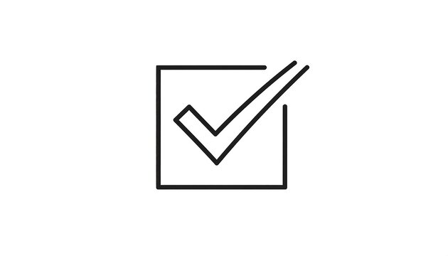 A simple black check mark inside a square, presented in a minimalist, line-art style on a stark white background - Powered by Adobe