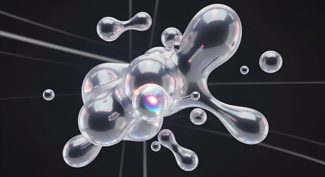 Abstract molecular structure of iridescent spheres and connections floating in a dark, minimalist space representing scientific innovation. isolated on white background