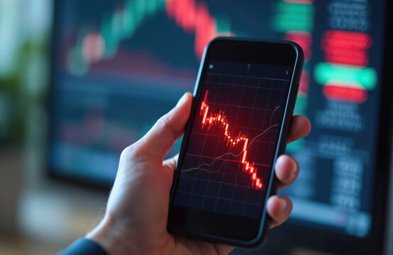 Smartphone displays red graph indicating market decline. Blurred computer monitor shows stock price drops reflecting economic downturn, energy crisis. Image financial instability, investor concern.