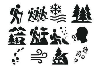 Winter Trek Adventures. Solid style icons of Snow Trekking Experience: solo hiker, group trail, morning frost, pine glade, scenic