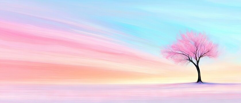 A solitary tree with delicate pink blossoms stands against a vibrant pastel sky, painted with broad strokes of pink, orange, and blue, evoking a serene and drea