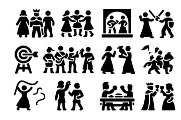 Festival Activities Icons. Solid style icons of Festival Activities: costume contest, dance circle, stage duel, archery target,