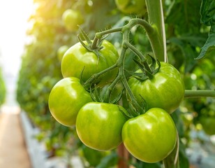 A bunch of unripe, green tomatoes hanging from a vine in a greenhouse, basking in sunlight