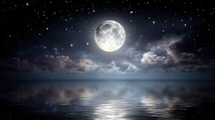 A serene nocturnal seascape with a full moon.
