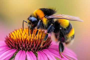 Closeup of bee collecting nectar on yellow flower in vibrant city garden environment, generative ai