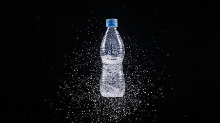 A clear plastic bottle filled with water is captured mid-splash, with water droplets and bubbles exploding outwards against a dark, isolated background. The lig