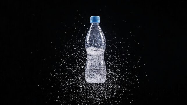 A clear plastic bottle filled with water is captured mid-splash, with water droplets and bubbles exploding outwards against a dark, isolated background. The lig