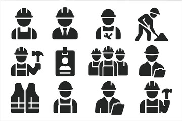Construction Worker Icons. Solid style icons of Workers: construction worker, engineer with helmet, mechanic icon, worker with