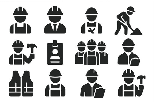 Construction Worker Icons. Solid style icons of Workers: construction worker, engineer with helmet, mechanic icon, worker with