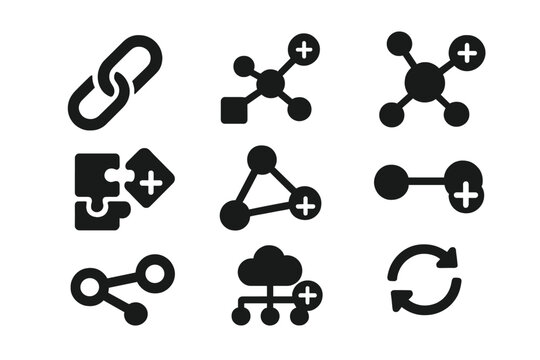 Inclusion and Connection Icons. Solid style icons of inclusion and connection: chain link with plus, network add, include node