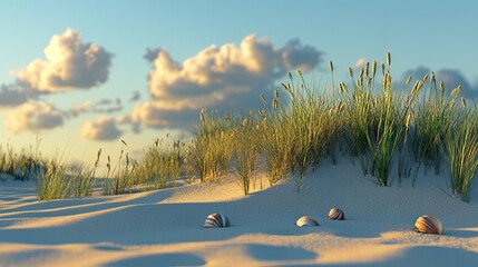 Seashells on sandy dune, sunset sky, beach grass.