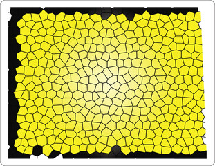 An abstract geometric texture featuring irregular yellow polygonal shapes with distinct black outlines. This cellular Voronoi design resembles biological cells, a stylized honeycomb, or reptile skin s
