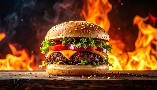 hamburger on fire