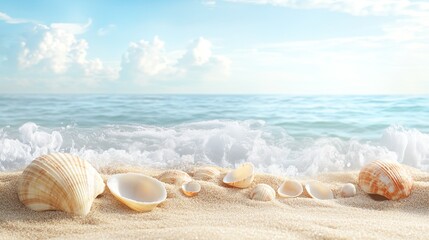 Seashells on sandy beach, ocean waves, sunny sky; summer vacation travel.