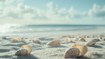 Seashells on sandy beach, ocean background, summer vacation. (1)