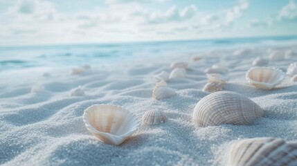 Seashells on a tropical beach at sunrise; summer vacation.
