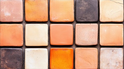 A close-up, overhead view of fifteen square terracotta tiles arranged in a grid. The tiles display a range of earthy colors from light beige and cream to deep o