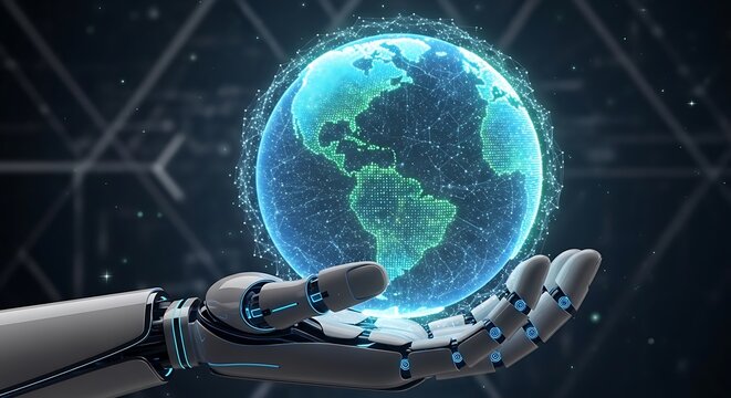 Robotic hand holding a glowing digital earth, symbolizing global technology, artificial intelligence, and interconnectedness