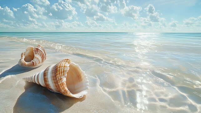 Seashells on sunny beach, ocean waves, clear sky; travel brochure.