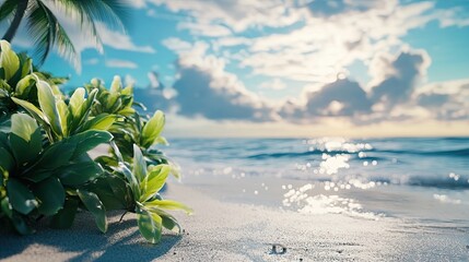 Tropical beach sunrise, ocean waves, lush plants.  Perfect for travel brochures.