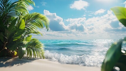 Tropical beach paradise, ocean waves, palm trees, sunny sky, travel vacation.