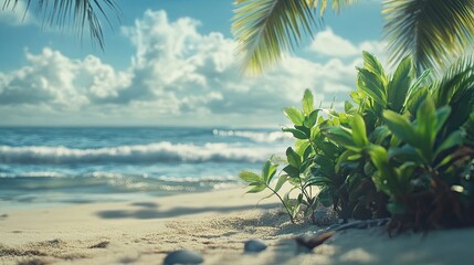 Tropical beach paradise Ocean waves, lush plants, and sunny sky. Ideal for travel brochures.