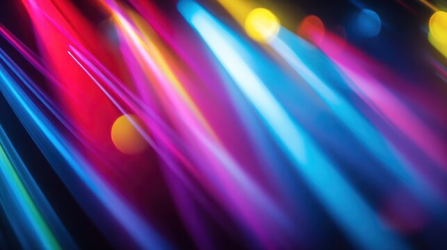 Abstract diagonal light beams and bokeh circles in vibrant colors.