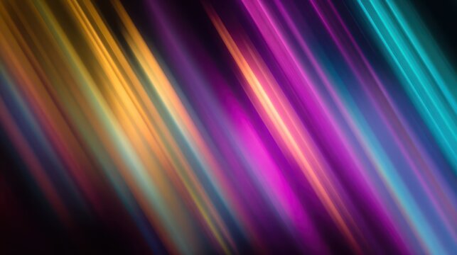 Abstract diagonal light streaks in vibrant neon colors against dark background.